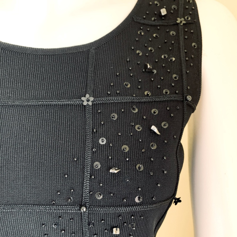 Black rayon knit tank top crew neck shiny black beadings Size M